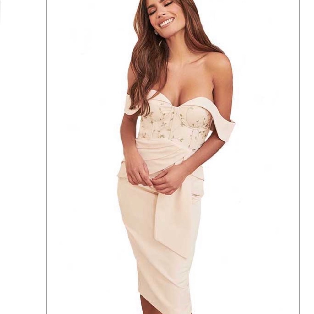 Lavish Alice Bardot Embroidered Corset Midi Dress in Champagne
